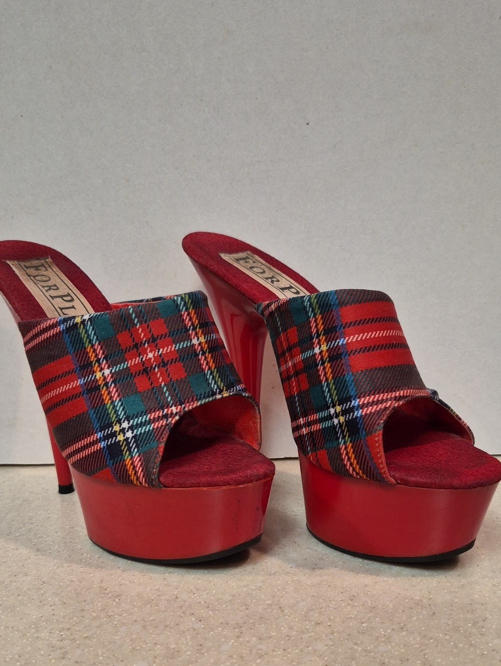 Forplay Red Plaid Platform Slide Heels with Multicolor Tartan Upper